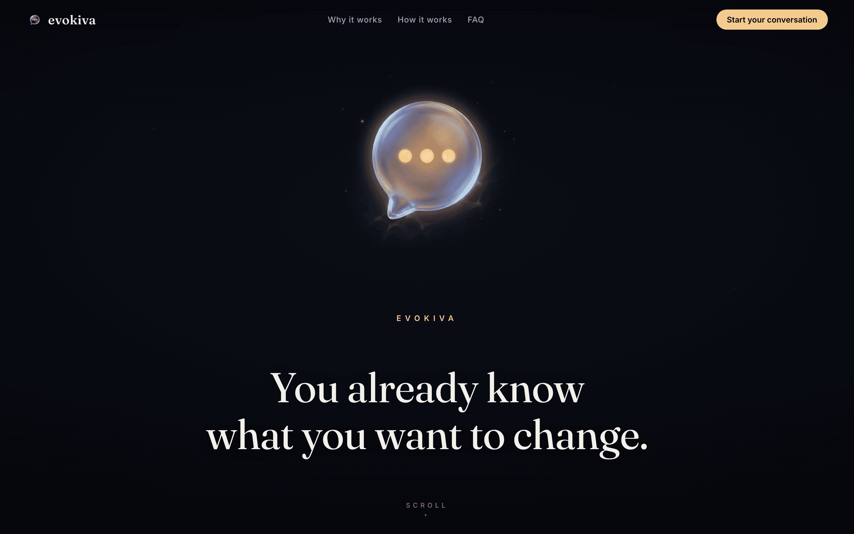 Evokiva homepage — a glowing chat bubble above the headline “You already know what you want to change.”