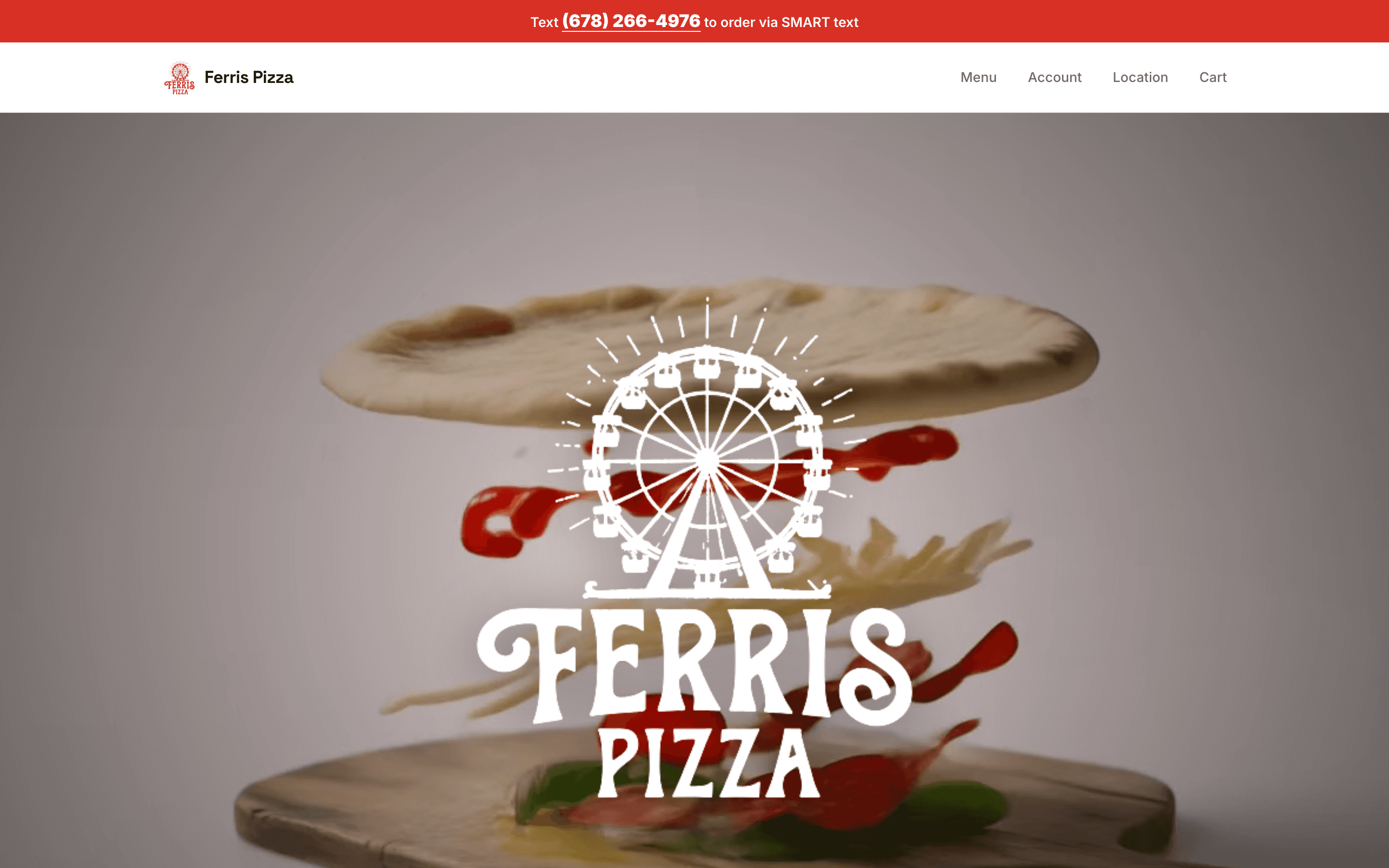 Ferris Pizza homepage — floating pizza ingredients behind the Ferris Pizza logo, with a “Text to order via SMART text” banner.