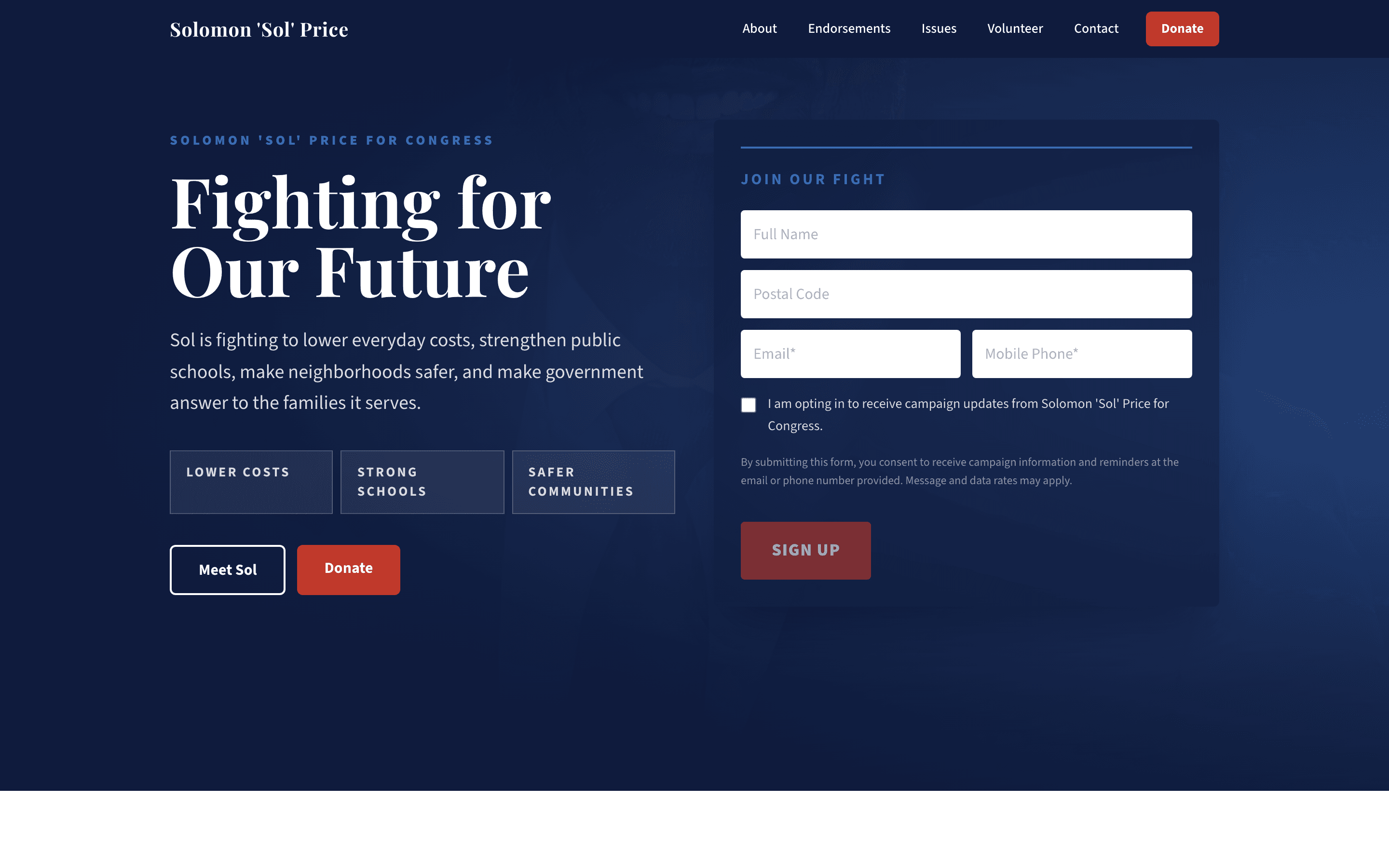 Sol Price for Congress homepage — “Fighting for Our Future” hero with a Join Our Fight signup form.